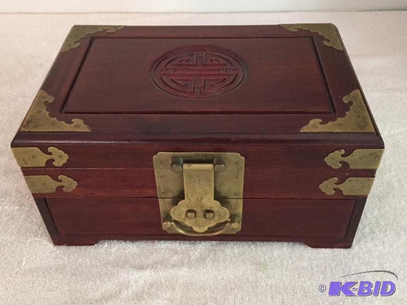 lot 171 image: Nice Asian Style Jewelry Box with Brass Accents and Red Lining