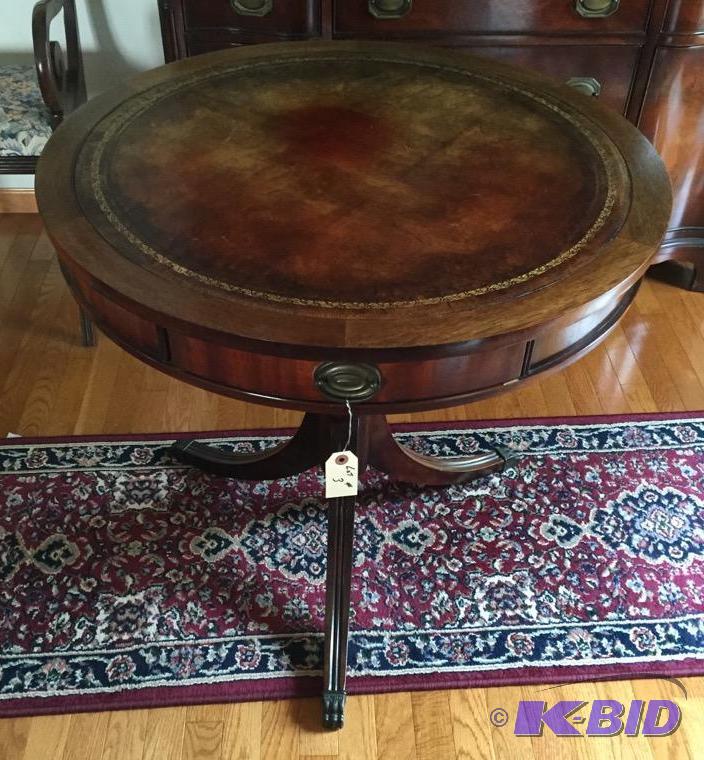 lot 3 image: Round Occasional Table with Leather Top and Drawer