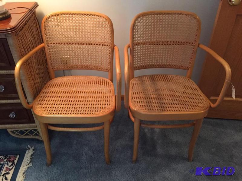 lot 38 image: Pair of Wood Chairs with Cane Back and Seat