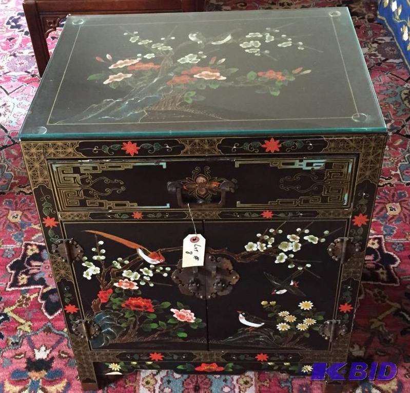lot 8 image: Gorgeous AsianOriental Small Cabinet with Glass Top