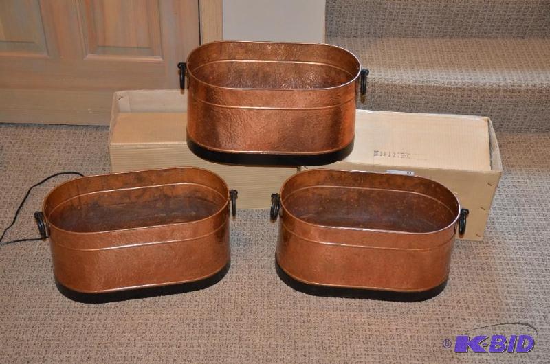 lot 102 image: 3 hammered copper tubs, measures 17 x 9 x 9 i...