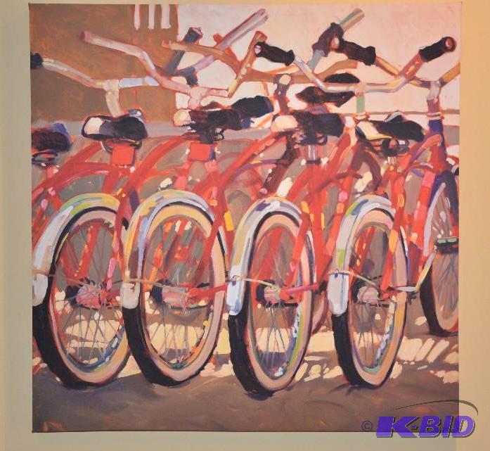 lot 113 image: Bicycle Painting measures 30 x 30 inches. May...