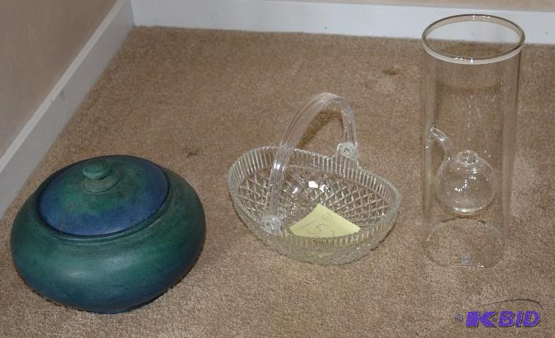 lot 152 image: Glass jar 12" tall, covered pot 9x8"...