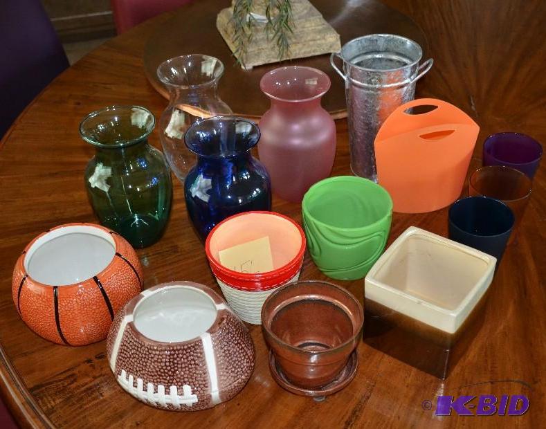 lot 156 image: Colored glass vases, plant pots, pottery, met...