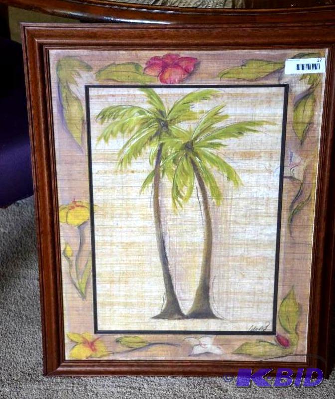 lot 27 image: Framed, signed Artwork Tropical media palm tr...