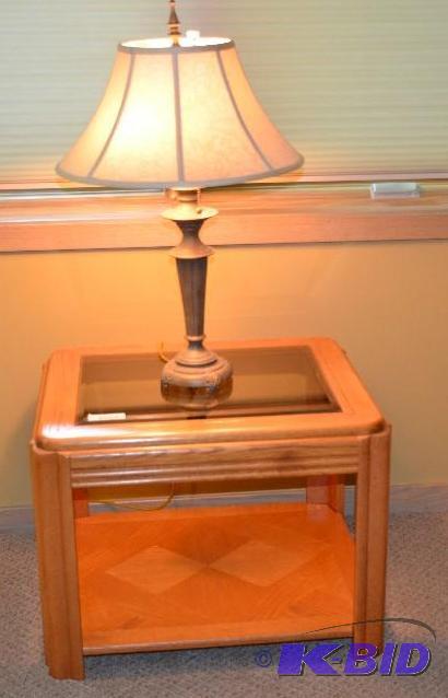 lot 72 image: &nbspGlass top table with lower inlaid wood ...
