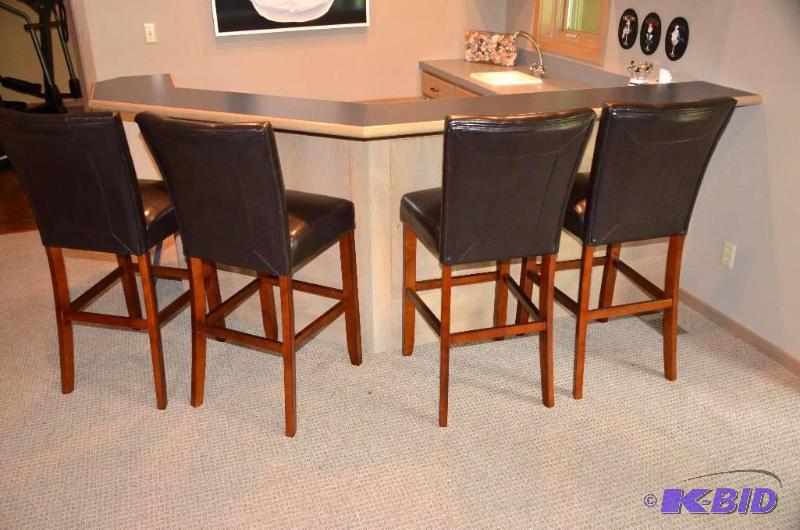 lot 79 image: 4 high bar stools, wood and button tufted uph...