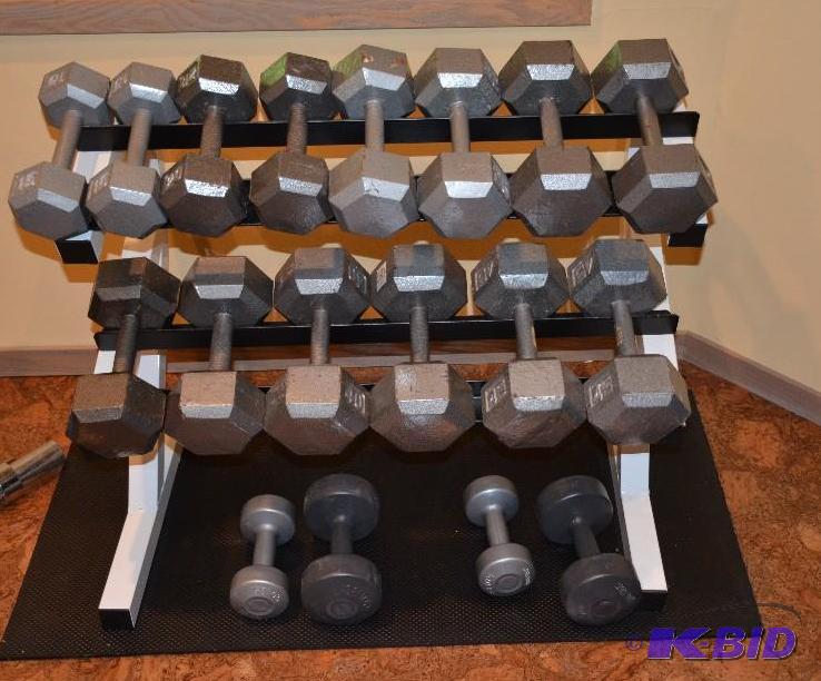 lot 99 image: Dumbbells with stand and mat 5s, 10s, 20s...