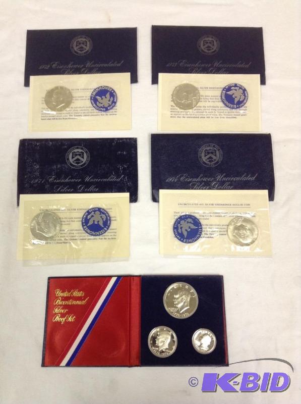 4 Eisenhower Uncirculated Silver Dollars & Bicentennial Proof Set