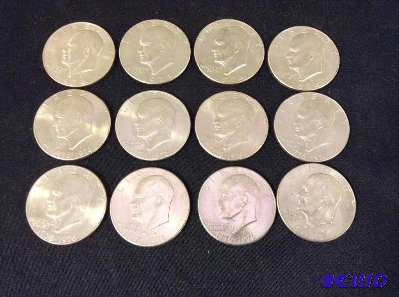 12 Eisenhower Silver Dollars 1974, 1976 & 1977
