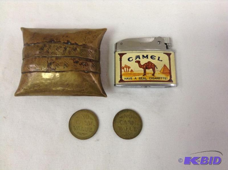 Brass Pillow Container, Camel Lighter & Tokens