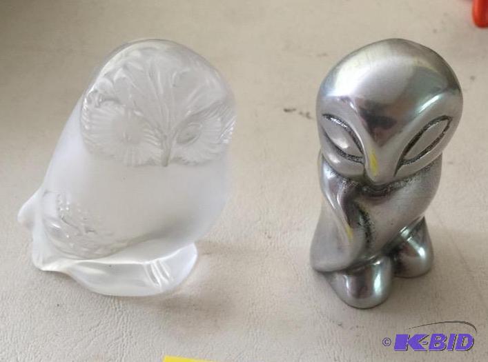 Miniature Lalique Owl and Signed Cast Metal Owl