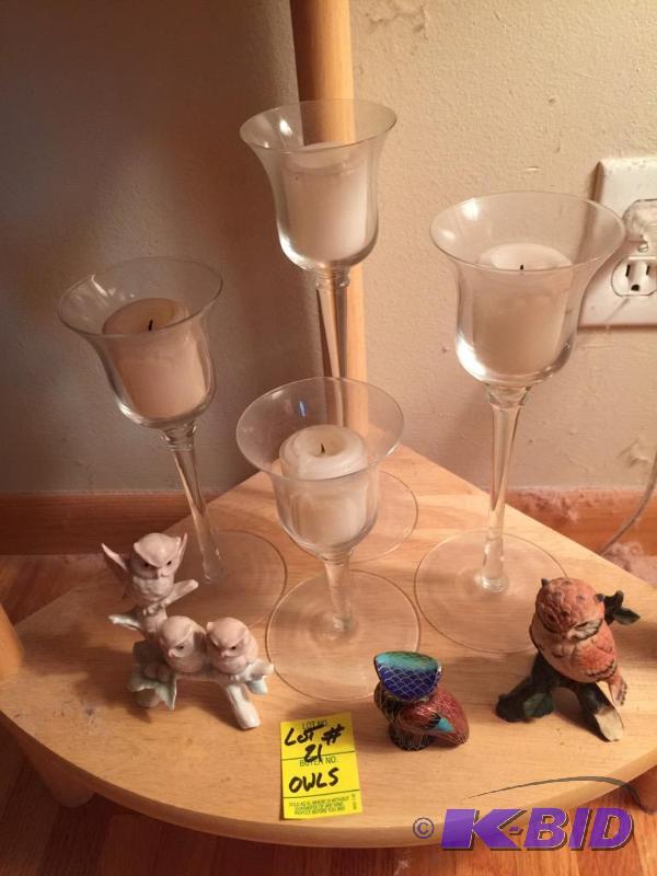 Three Tall Stemmed Candle Holders and Owls