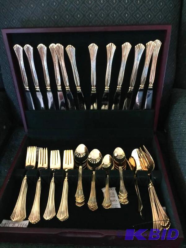 Gold Tone Flatware in Storage Box