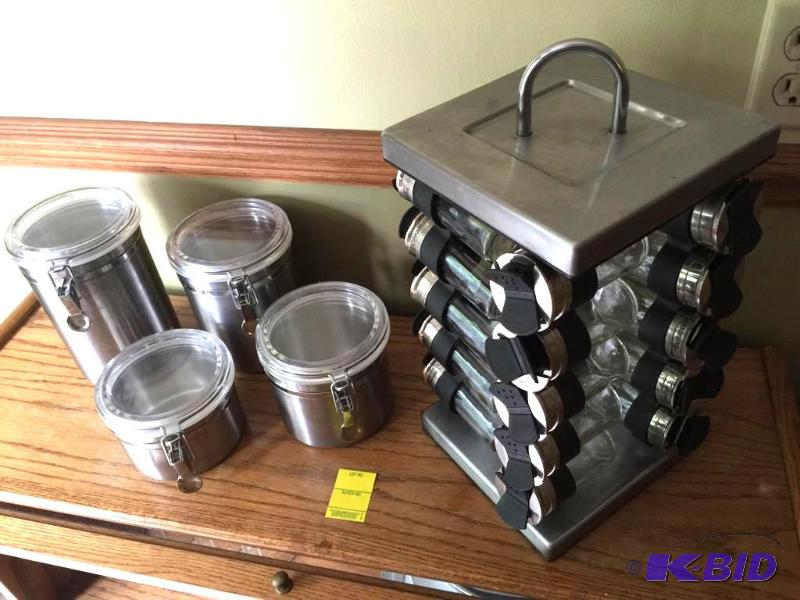 Brushed Stainless Look Spice Rack and Four Canisters