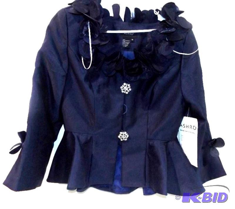 Ashro Navy blue jacket and skirt with petal trim