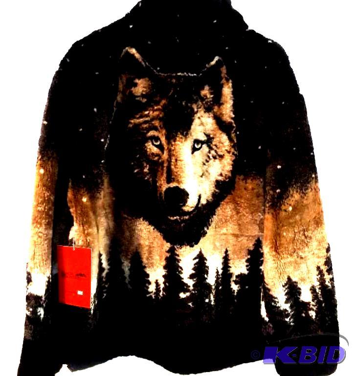 Brownie black fleece zip up jacket with wolf in the wilderness