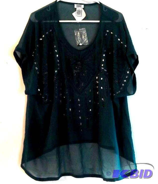 Monroe and Main teal sheer top with multi blue and clear beading
