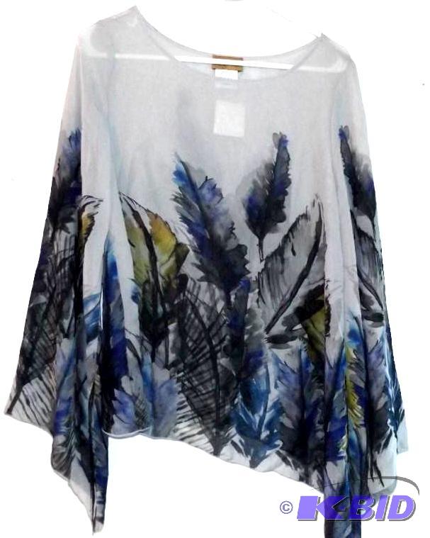 Midnight Velvet sheer gray blouse with blue and yellow feather pattern