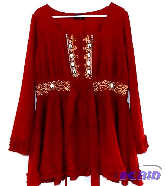 Ashro red blouse and skirt with gold and silver pattern with shells