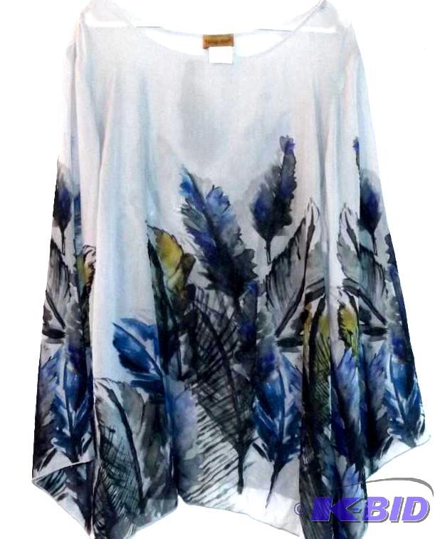 Midnight Velvet gray blouse with blue and yellow feathers