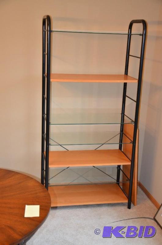 Modern glass and wood display shelf approx 72...
