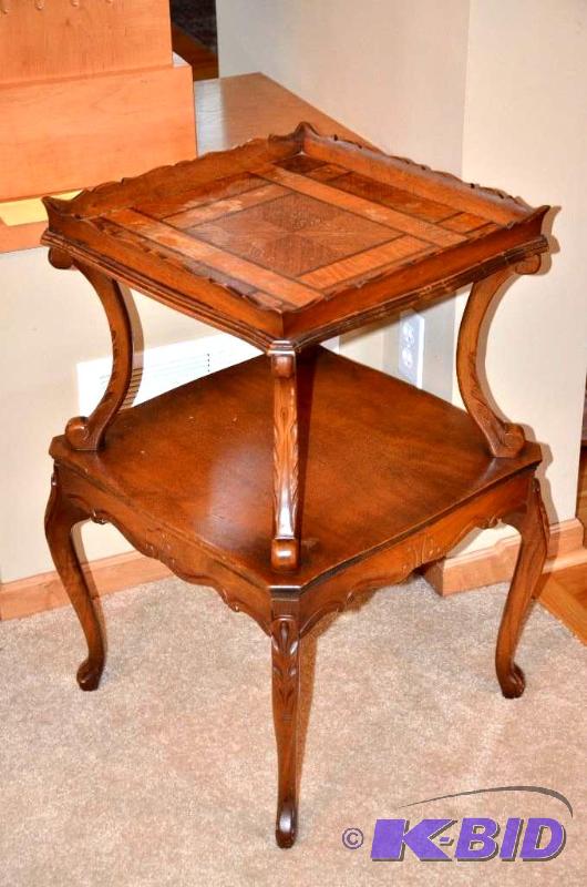 Anntique 2 tiered wood table with inlaid wood...