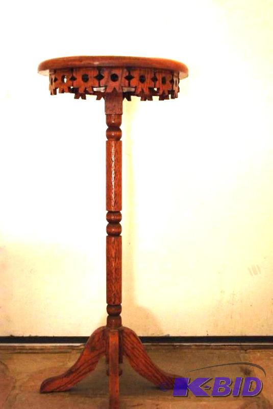 lot 114 image: Wood spinning top table. Please inspect for d...