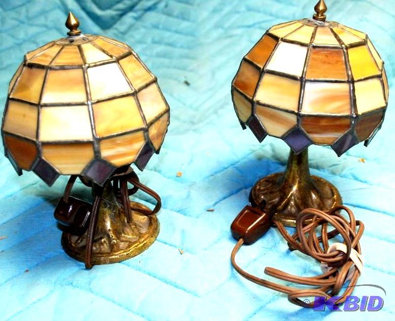 lot 221 image: 2 brass bottom Tiffany style table lamps. Ple...