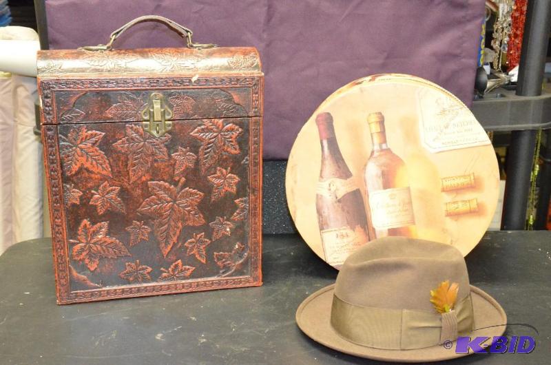 lot 27 image: Wine Bottle Carrier, Hat box &nbspwith hat -...