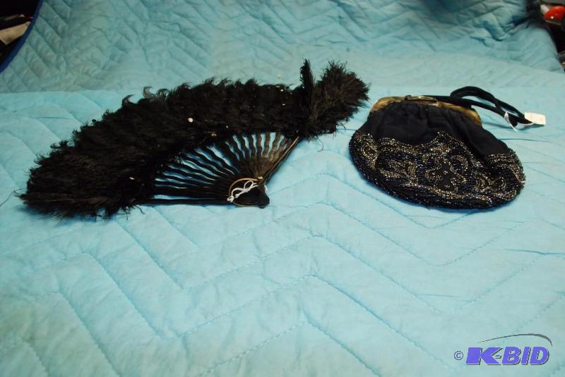 lot 84 image: Beaded hand bag, Black Feather Fan...