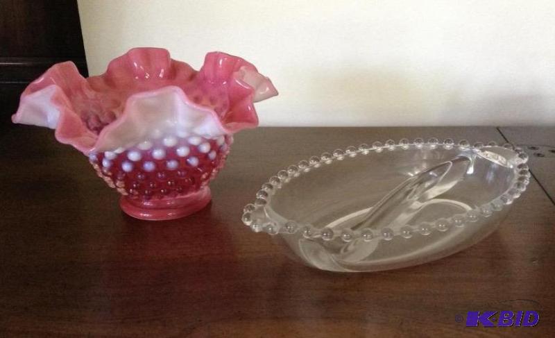 lot 137 image: Fenton Hobnail Ruffle Bowl and Candlewick Relish