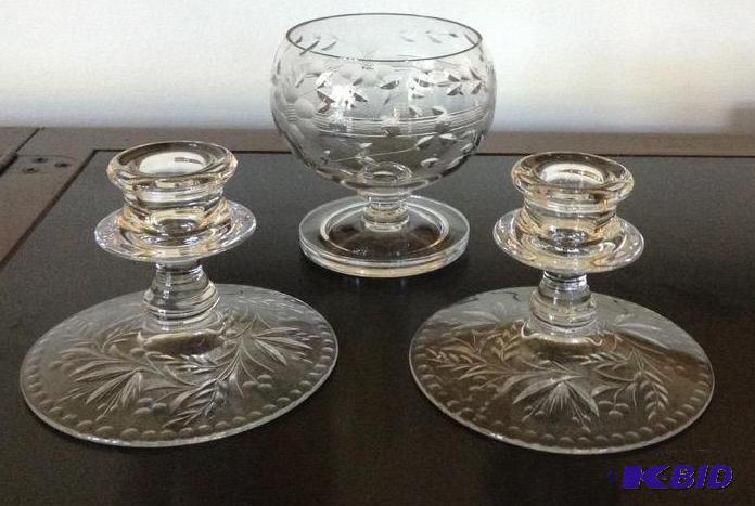 lot 31 image: Small Etched Crystal Bowl and Candlestick Holders