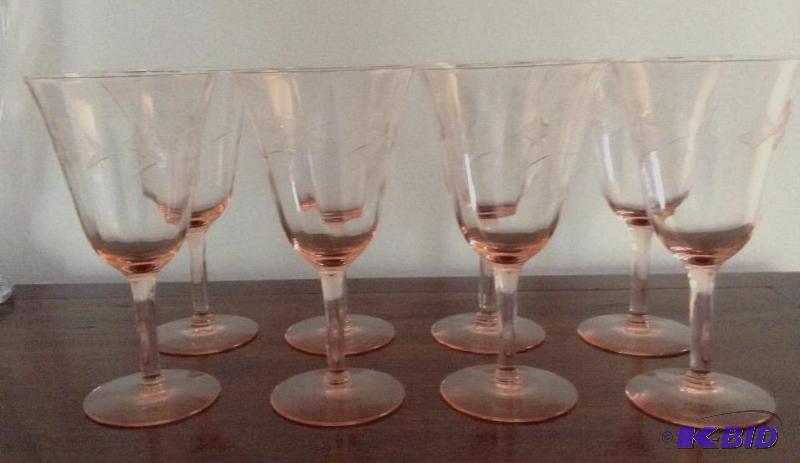 lot 49 image: Eight Etched Pink Stemware Glasses