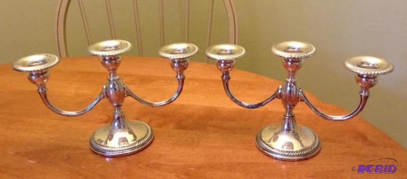 lot 94 image: Pair of Weighted Sterling Three Candle Candelabras