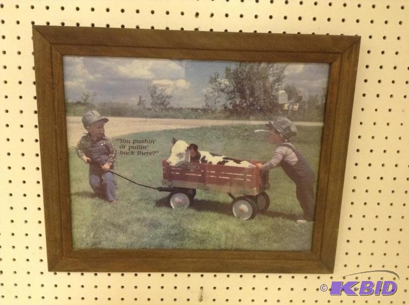 Framed Farm Children Pushing Wagon