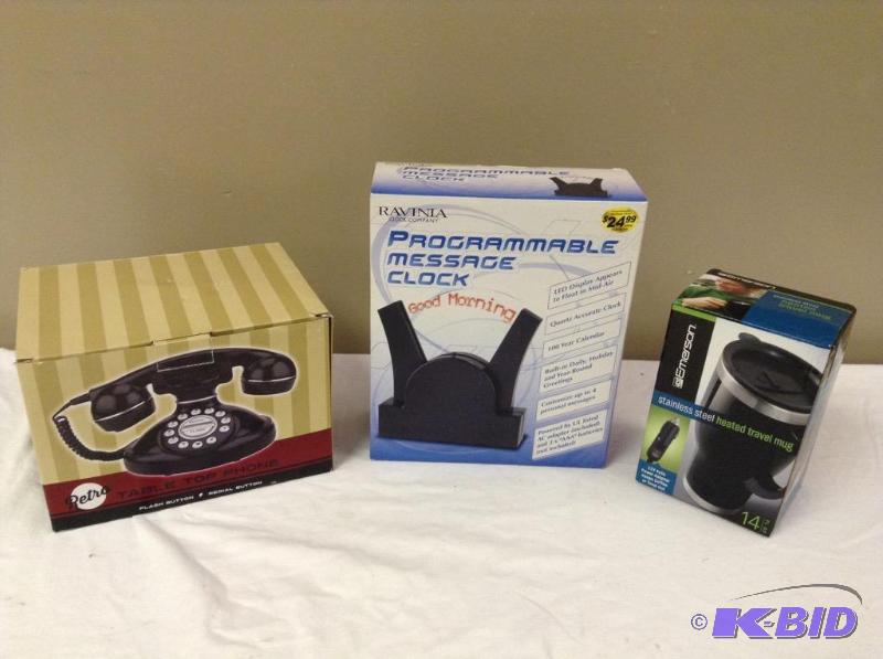 lot 17 image: Retro Phone, Message Clock & Travel Mug