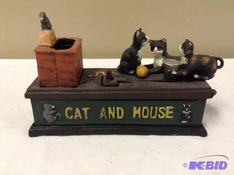 lot 2 image: Cast Iron Mechanical Cat and Mouse Bank