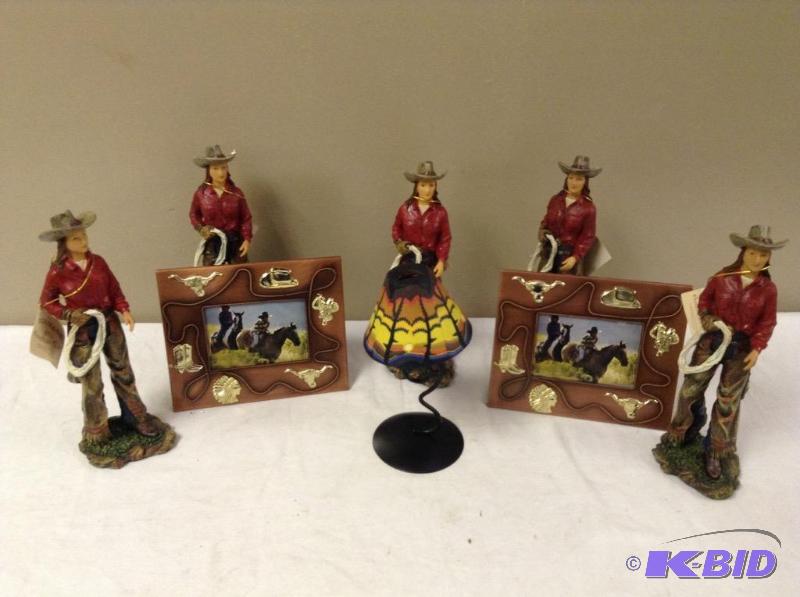 lot 13 image: Old West Themed Frames, Lamp & Figures