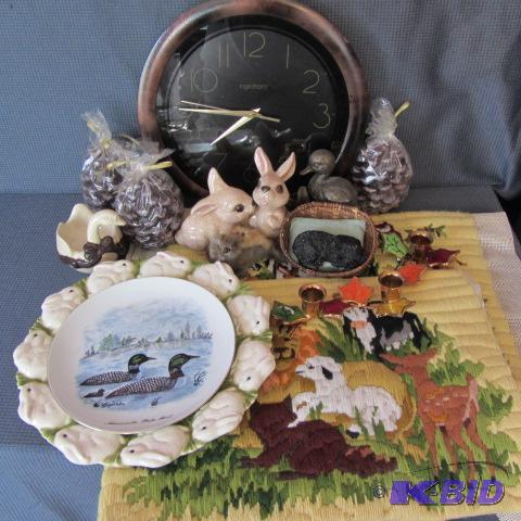 lot 332 image: Clock, Candleholders, Hand Stitched