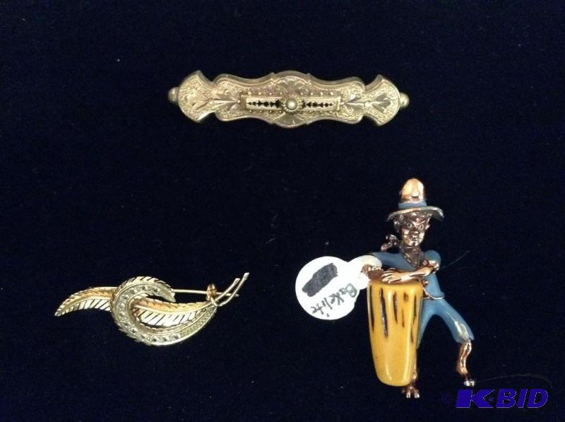 (3) Vintage Pin Brooches - 18K Feather Pin