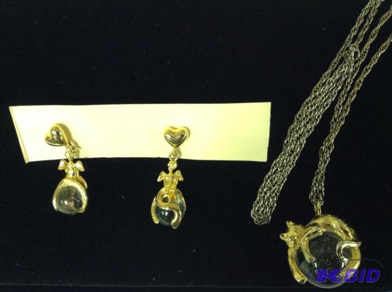 Cute Cat Crystal Ball Necklace and Earrings