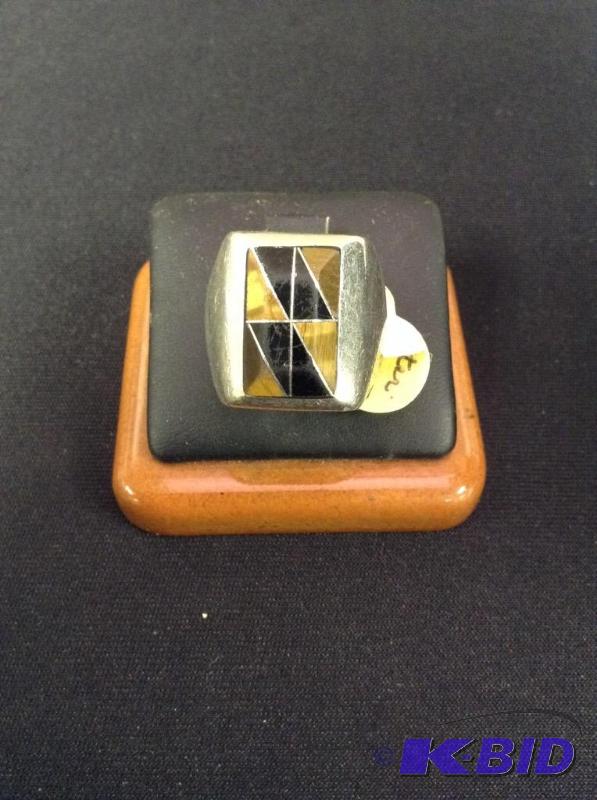 Mens Mexican Silver Onyx and Tiger Eye Ring