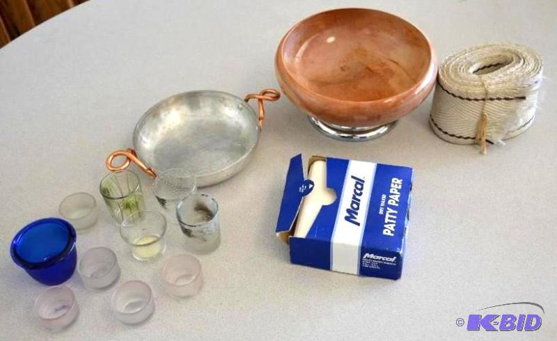 lot 130 image: Kitchen items- cobalt blue colored glass jar,...