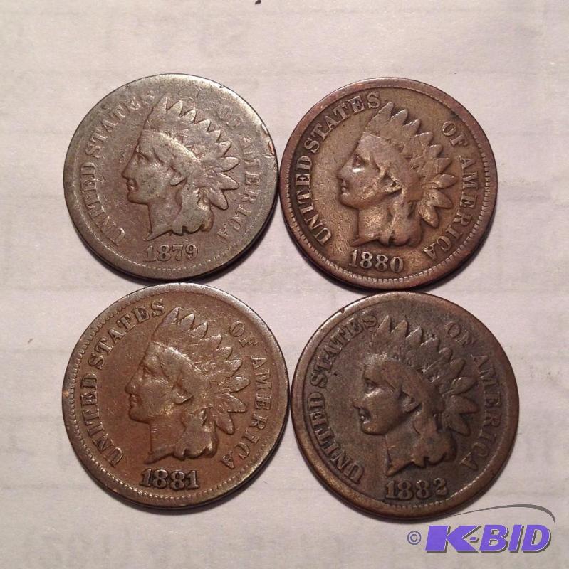Lot  run of 4 Beter Date Indian Head Cents 1879, 1880, 1881, 1882