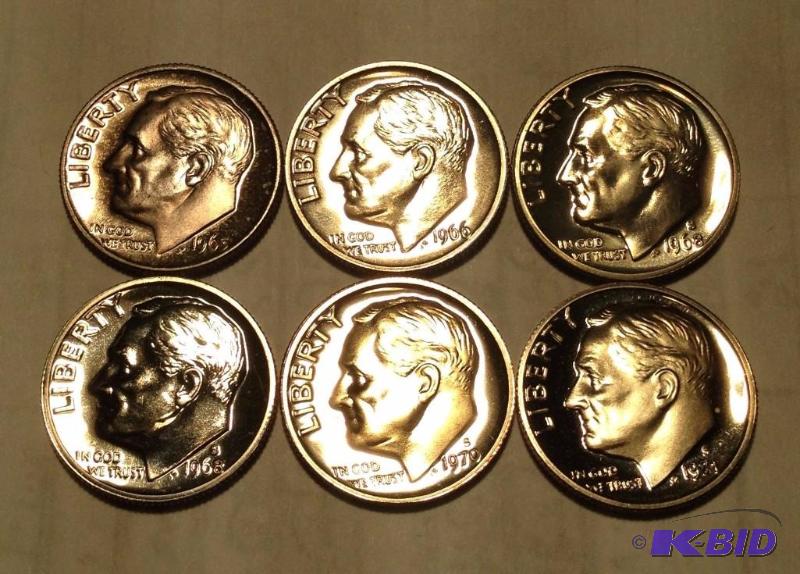 Lot of 6 Gem Proof Roosevelt Dimes  1965, 1966, 1968-S, 1968-S, 1970-S, 1971-S