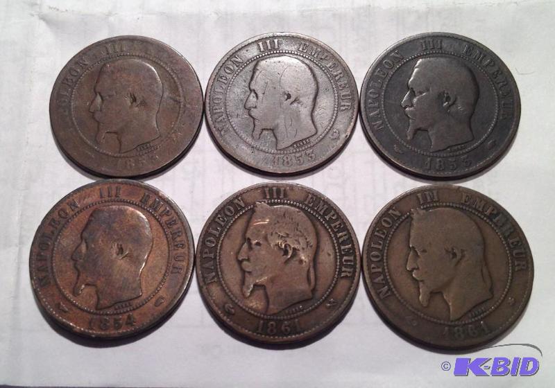 Lot of 6 France Napoleon 10 Centimes large size coin