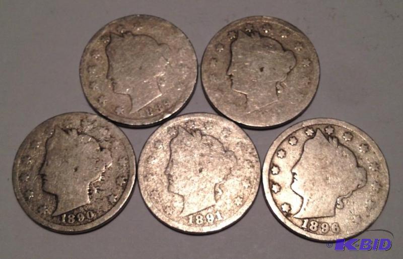 (5) Better Date Liberty Head  Nickels1889,1892,1890, 1891 and 1896