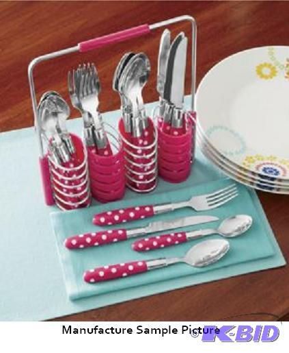 25 Piece Polka Dot Flatware Set - Pink and wh...