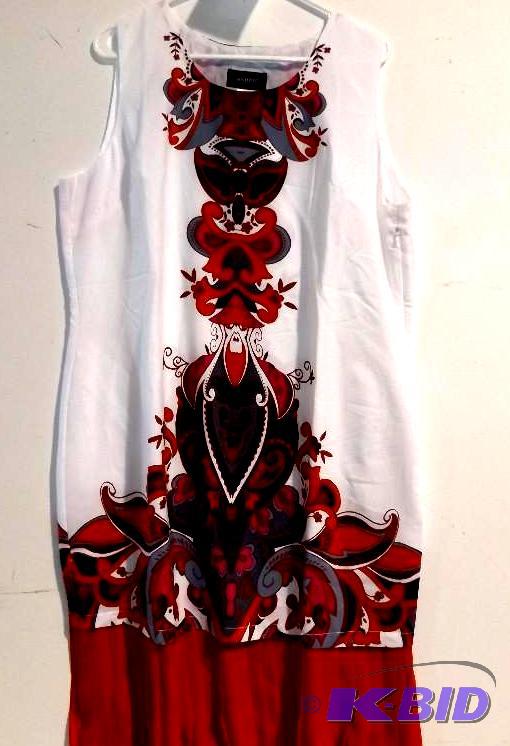 Ashro white sleeveless dress with redblackgray design and red pleated bottom trim